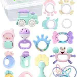 16pcs Box Baby Rattles Baby Teether Toys Set Newborn Early Educational Sensory Play STEM Boy Girls Gift for Infant Chewable Gift
