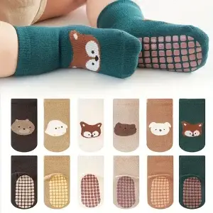 6 pairs of boys and girls' anti slip socks with cute cartoon animal patterns, comfortable and breathable baby floor socks